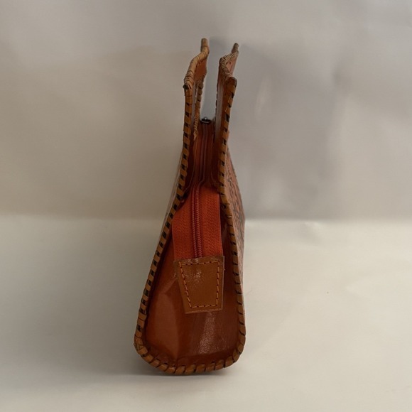 Tooled Leather Clutch Purse Floral Orange Black Handbag Whipstitch Made in India - Picture 5 of 9